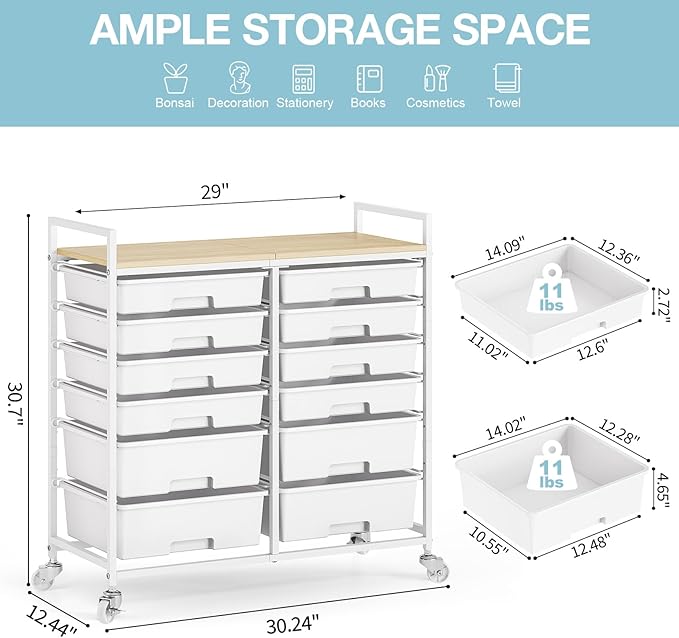 TOOLF 12 Drawers Rolling Storage Cart with Wooden Top for Classroom,White | Teacher Cart Craft Art Supply Organizer, Utility Cart with Lockable Wheels for Home Household Essentials, Office Organization - Image 3