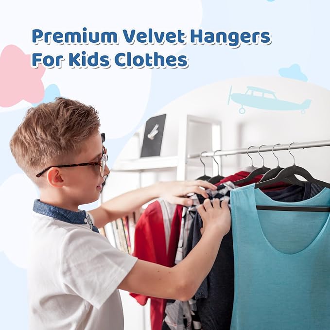 Premium 14 Inch Kids Hangers 50 Pack, Baby Velvet Hanger Non Slip | Black Space Saving Felt Hangers Clothes Organizers for Closet with 360° Swivel Hook for Children, Toddler & Teens - Image 5