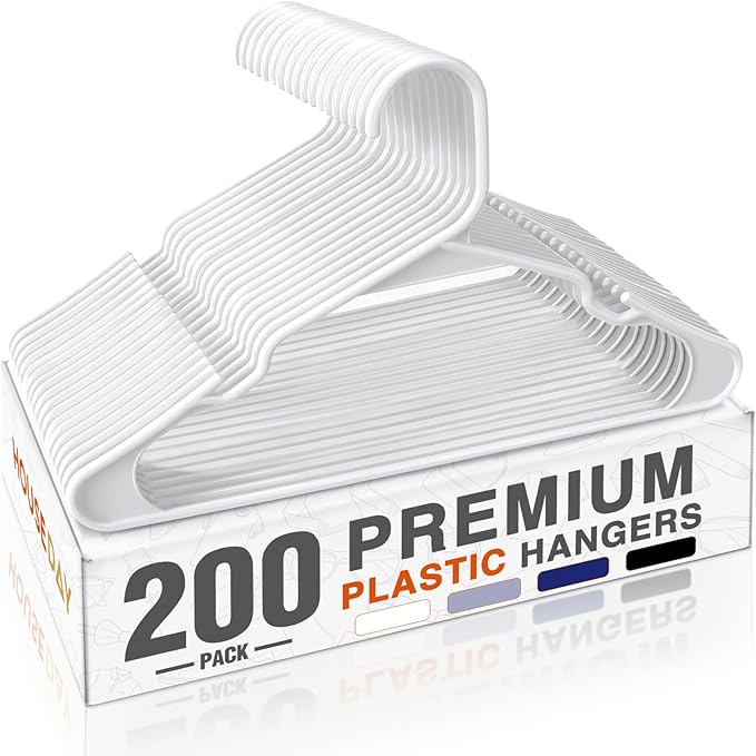 HOUSE DAY White Plastic Hangers 200 Pack, Slim Space Saving Clothes Hangers | Durable Hangers for Shirts, Coats, Pants, Non-Slip Notches Hold Straps, Bulk Pack for New Homes, Moving, Closets and Retail by HOUSEDAY