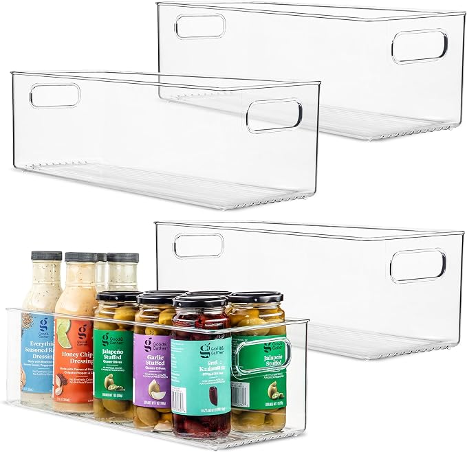 Plastic Food Storage 4 Pack Clear Container Bin with Handles for Organizing Kitchen, Pantry, Fridge, Freezer, Pantry, Bathroom. 14"x6"5" by primebox