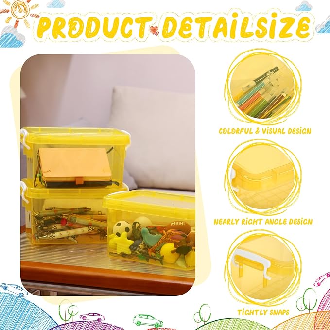 6 Pack Colorful Plastic Storage Bins with Lids 4 Quart Small Storage Latch Box Stackable and Nestable Clear Organizer Bins with Latching Handle and Buckle for Organizing(Yellow) - Image 3