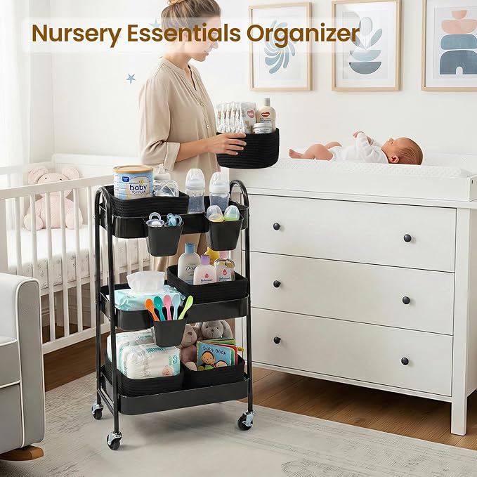 3-Tier Rolling Utility Cart with 4 Woven Baskets, Diaper Book Snack Cart, Storage Organizer for Nursery, Kitchen, Craft Room, Home SPA, Living Room, Metal Frame Trolley on Lockable Wheels, Black - Image 3
