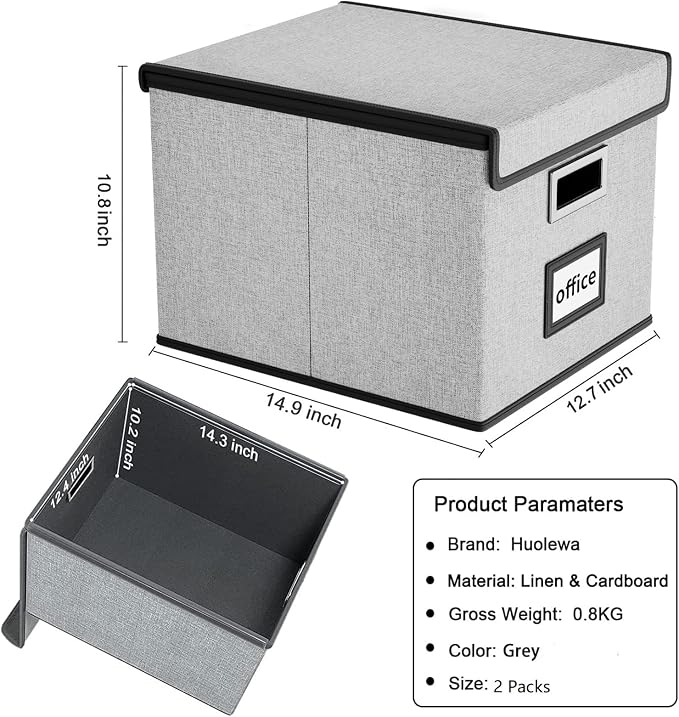 File Organizer Box with Lids, Collapsible File Folder Organizer | File Box with Plastic Slides for Office Document Storage, Filing Bin for Letter Size Hanging File Folders (2 Pack, Gray) - Image 6