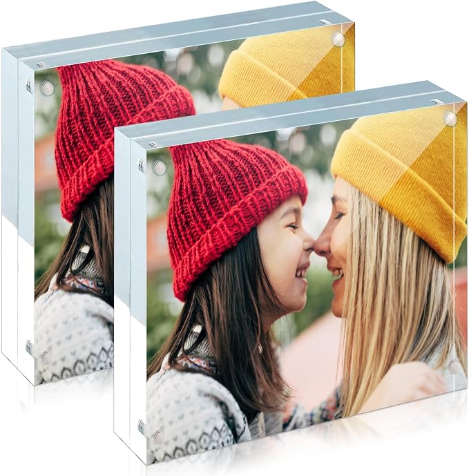 ILYXY 2 Pack Acrylic Frame 8x8, 20% Thicker, 24mm Thick Frameless Clear Square Picture Frame, Double Sided Magnetic Photo Frame, Free Standing Desktop Display Stand Acrylic Picture Frames by ILYXY