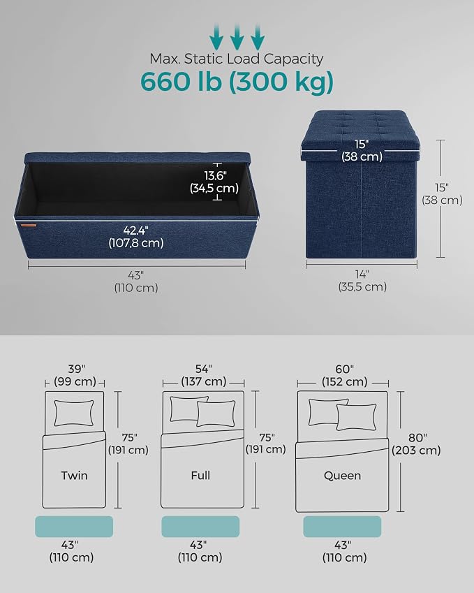SONGMICS Mazie Collection - 43 Inches Storage Ottoman, Foldable Storage Bench with Flipping Lid, 660 lb Load Capacity, for Entryway, Living Room, Bedroom, Midnight Blue ULSF076Q02 - Image 3