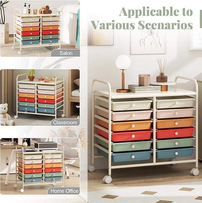 RELAX4LIFE 12-Drawer Rolling Storage Cart - Mobile Utility Cart on Wheels for School Classroom Teacher Office Salon, Paper File Art Supply Craft Organizer, Rolling Cart with Drawers (Macaron) - Image 7
