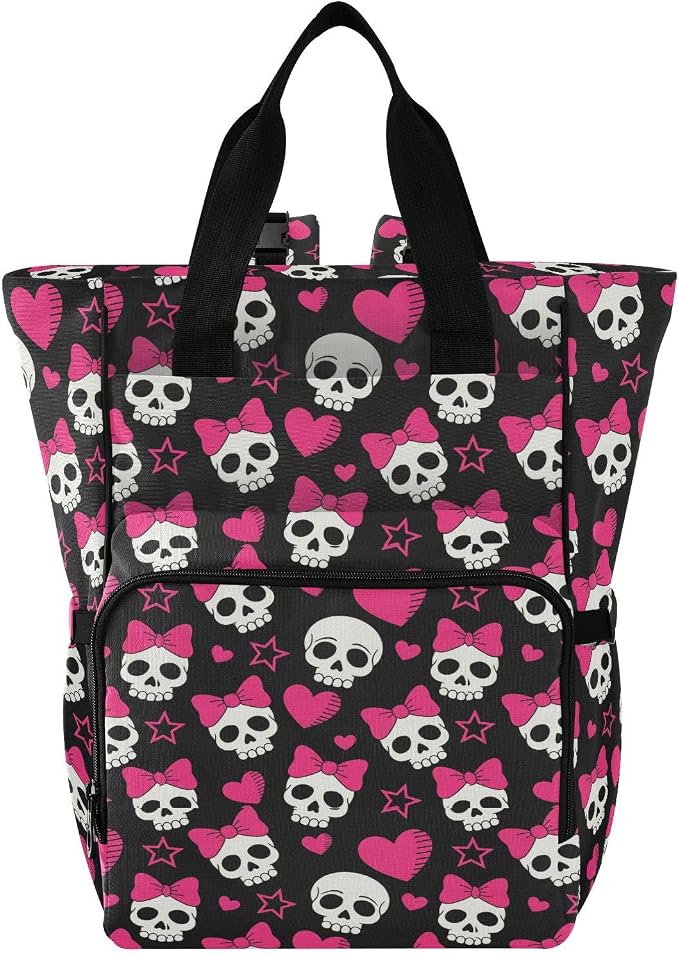 MNSRUU Diaper Bag Pink Hearts and Skulls Diaper Bag Backpack Multifunction Travel Diaper Bag Tote Large Capacity Diaper Changing Backpacks for Moms Dads by MNSRUU
