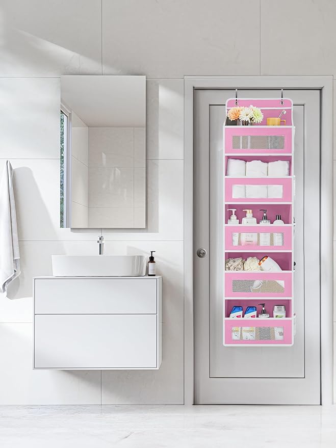 JARLINK Over the Door Organizer for Pantry, Bathroom, 5 Shelf Pink, 2 Pack | Anti-Tilt Design, 44 lb Load Capacity, Hanging Door Organizer with 5 Large Capacity Pockets, Behind Door Storage for Nursery - Image 3