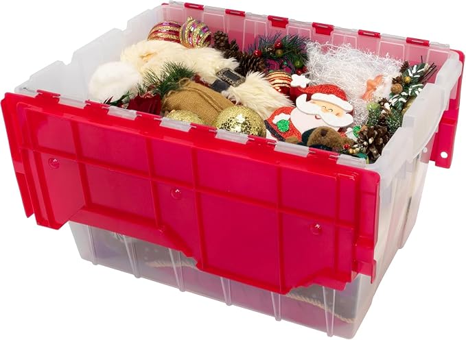 Akro-Mils KeepBox 12 Gallon Storage Container, Nesting and Stackable Plastic Storage Box with Lid Attached, Clear Tote for Garages, Closets, and Moving, 21-1/2" x 15" x 12-1/2", Clear/Red, 6-Pack - Image 9