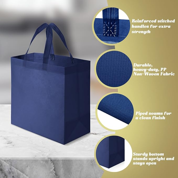 Reginary 100 PCS Non Woven Tote Bags Bulk,Navy Blue | Reusable Shopping Bags with Handles, Stores, Groceries Markets, Events Gift, Party Supplies - Image 3