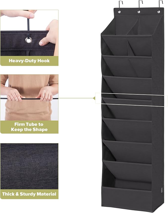 Over Door Organizer with 10 Extra Large Pockets, 23 Pairs Shoes Large Capacity Hanging Storage Organizer for Shoes, Diapers, Black, 8 Layers, 2-Pack - Image 4
