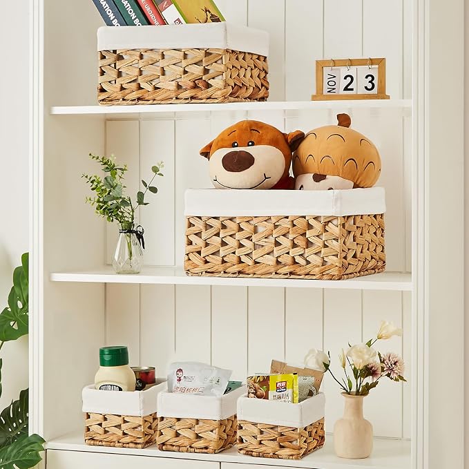 Wicker Storage Basket, 6 Pack Baskets for Organizing, Water Hyacinth Storage Basket, Rectangular Wicker Baskets for Storage Shelves, Cube Storage Bins For Closet/Clothes/Dresser - Image 4