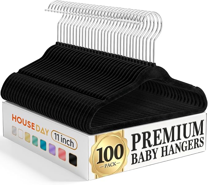 HOUSE DAY 11 Inch Velvet Baby Hangers 100 Pack, Premium Black Kids Hangers | Hanger for Children, Infant & Toddler Clothes, Durable Non Slip Small Baby Felt Hanger for Closet, Bulk for Small Businesses by HOUSEDAY