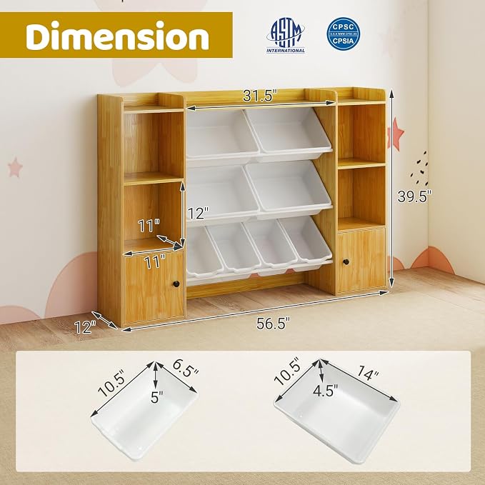 Costzon Kids Toy Storage Organizer w/ 8 Bins, Wooden Toddler Bookcase w/Open Shelves & Cabinet, Multifunctional Toy Storage Cabinet for Kids Room, Nursery & Playroom - Image 3