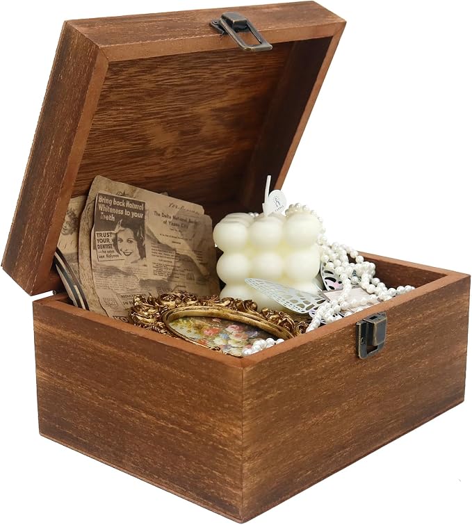 Wooden Keepsake Storage Box with Hinged Lid for Wedding Treasure Decorative | 8x6x4.4 Inches can Hold 5x7 Pictures Baby Keepsakes, Stash Case with Black Velvet Base, Small Memory Case Wooden by FramePro