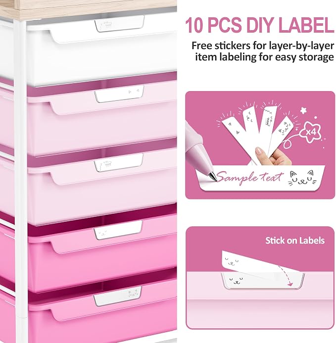 10 Drawers Rolling Cart with Wooden Tabletop, Utility Storage Cart with Wheels, Art Supply Craft Organizer on Wheel with Metal Frame & Handles for Home Office School,Pink | Easy Setup, Large Capacity, Sturdy Build, Lockable Mobility, For office, classr... - Image 8