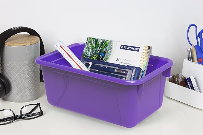 Storex Small Cubby Bins – Plastic Storage Containers for Classroom with Non-Snap Lid, 12.2 x 7.8 x 5.1 inches, Purple, 5-Pack (62411A05C) - Image 3