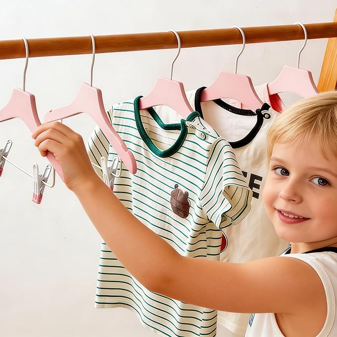 Pink 12.7" Ultra-Thin Wooden Children Closet Clothes Clips Hangers 20PCS Wood Baby Kids Coat Hangers for Infant Toddler Newborn Jumpsuit Pants Skirts Jeans Space Saving Heavy Duty Durable - Image 3