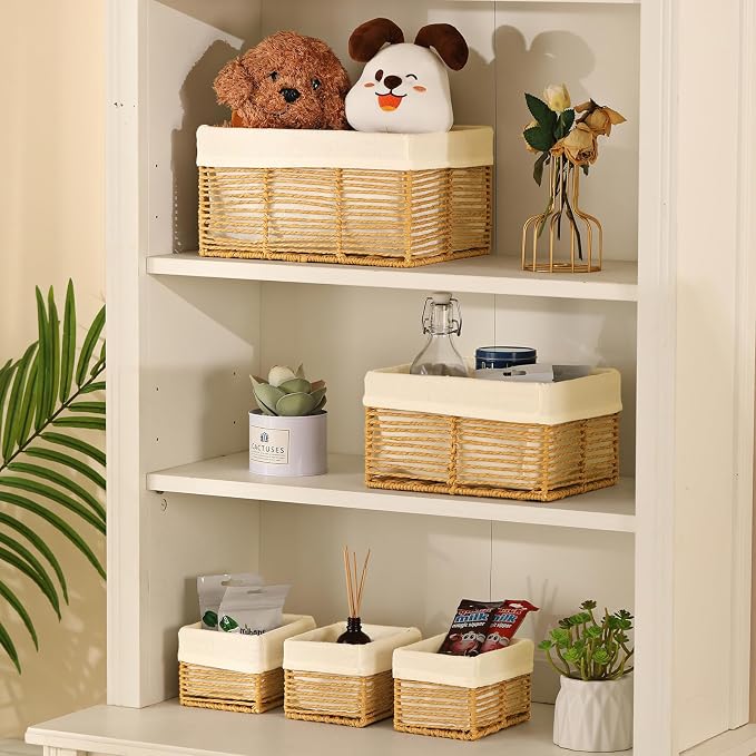Wicker Storage Basket, Hand-Woven Paper Rope Wicker Baskets, Rectangular Small Wicke Baskets for Organizing, Cube Storage Bins for Closet/Clothes/Dresser, Natural, 5-Pack - Image 5