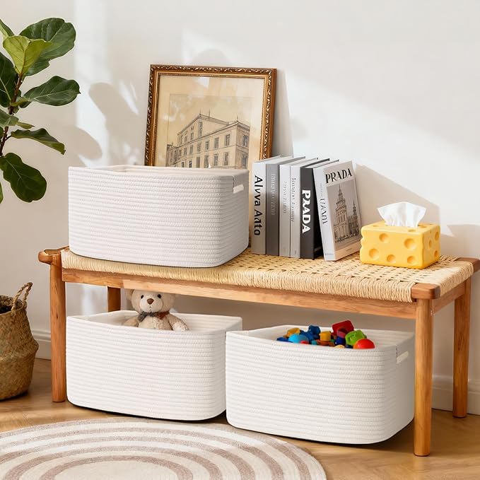 2 Pack Large Storage Basket for Organizing, 17.5"x13"x7" Woven Basket for Shelves, Closet Cube Storage Bins with Wrapped Handle, Cotton Rope Baskets for Kitchen, Clothes, Toys(Off White) - Image 2
