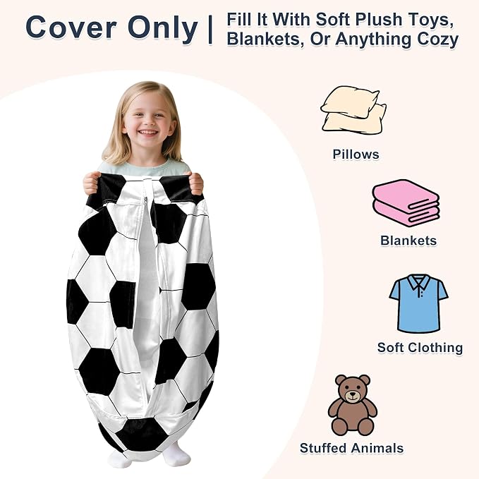 Lukeight Soccer Stuffed Animal Storage Bean Bag Chair Cover for Adults, Velvet Plush Toy Organizer Seat, Cover Only, No Filling Included, Long YKK Zipper, Side Pocket, XXX-Large 42"D x 23"H - Image 2