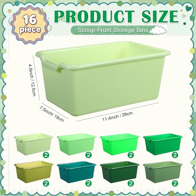 16 Pcs Cubby Bins for Classroom Plastic Book Bins,Green Series | Storage Bins for Classroom Library, Plastic Stackable Toy Tubs Containers for School Office Home Nursery Playroom - Image 2