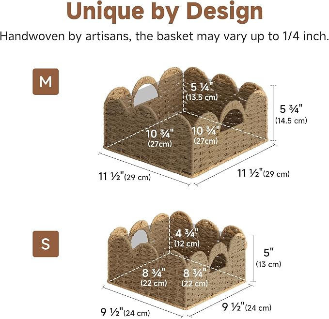 StorageWorks Scalloped Wicker Basket, Wicker Storage Baskets, Paper Rope | Woven Baskets for Storage, Wicker Storage Baskets for Shelves, Large Wicker Basket, Shelf Basket with Handles, 2 Pack - Image 3