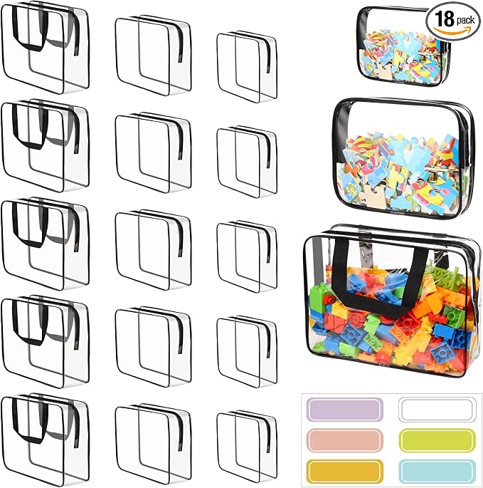 18 Packs Toy Storage Bags with Labels, Clear PVC Puzzle Storage Bags, Waterproof Travel Toy Organizer Bags with Zipper for Building Blocks Kids Books (3 Size) by MBJZSL