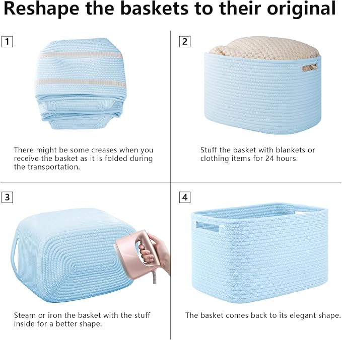 OIAHOMY 4 Pack Storage Baskets for Organizing 15L Storage Bins Light Blue | Woven Baskets for Storage Rectangle Small Baskets With Handles Baskets for Shelves Wicker Baskets for Shelves 12.7x9x7.8inch - Image 7