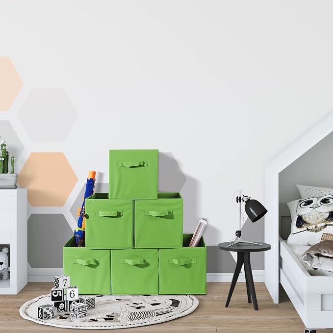 Sorbus Foldable Storage Cubes - 6 Fabric Baskets for Organizing Pantry, Closet, Shelf, Nursery, Playroom, Toy Box, Cubby - 11 Inch Dual Handle Collapsible Closet Organizers and Storage Bins (Green) - Image 7