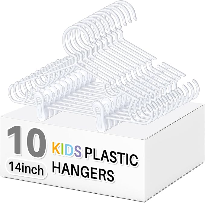 Hsei 10 Pcs 14 in Baby Youth Kids Clothes Hangers with 20 Clips for Pants Non-Slip Toddler Plastic Hangers for Child Aged 7-12 Years, Space Saving Design with Shoulder Notches for Trousers Tops Jeans by Hsei