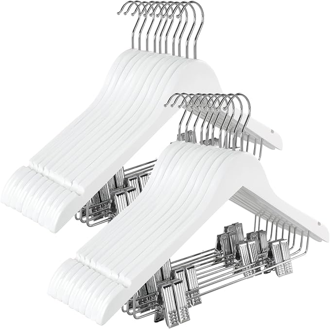 TOPIA HANGER Wooden Suit Hangers with Adjustable Metal Clips (20 Pack), Solid Smooth Wood Clothes Hangers, 360° Swivel Hook, Premium Pants Hangers for Clothes Coat, Jeans, Blouse-White,CT28W20 by TOPIAHANGER