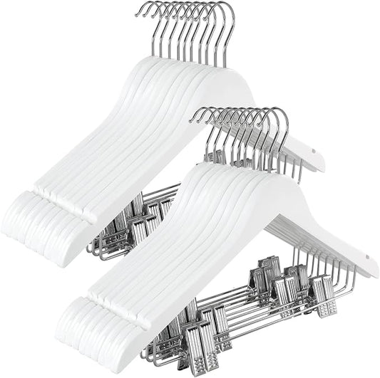 TOPIA HANGER Wooden Suit Hangers with Adjustable Metal Clips (20 Pack), Solid Smooth Wood Clothes Hangers, 360° Swivel Hook, Premium Pants Hangers for Clothes Coat, Jeans, Blouse-White,CT28W20 by TOPIAHANGER