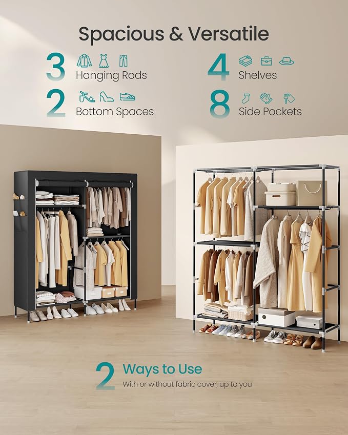 SONGMICS Portable Closet, Fabric Wardrobe, Clothes Rack with Shelves, Pockets, Large Capacity, 3 Hanging Rods, 50 x 17.7 x 70.9 Inches, Black URYG010BZ02 - Image 3