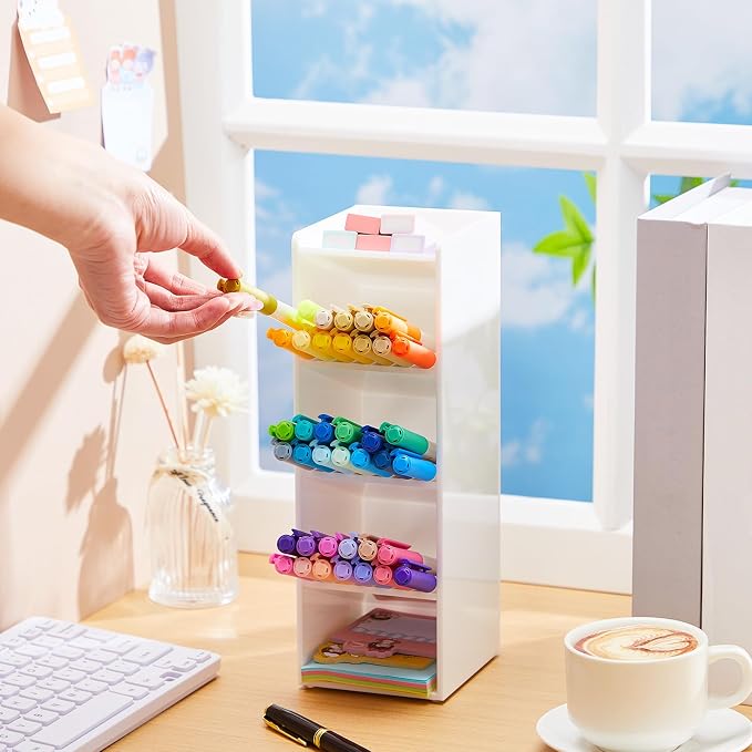 MotiMind Acrylic Pen and Marker Organizer for 50 Markers | 5 Compartments, Vertical Marker Pencil Organizer, Acrylic Pen Display Holder, Art Supply Storage for Desk Stationery, White - Image 4