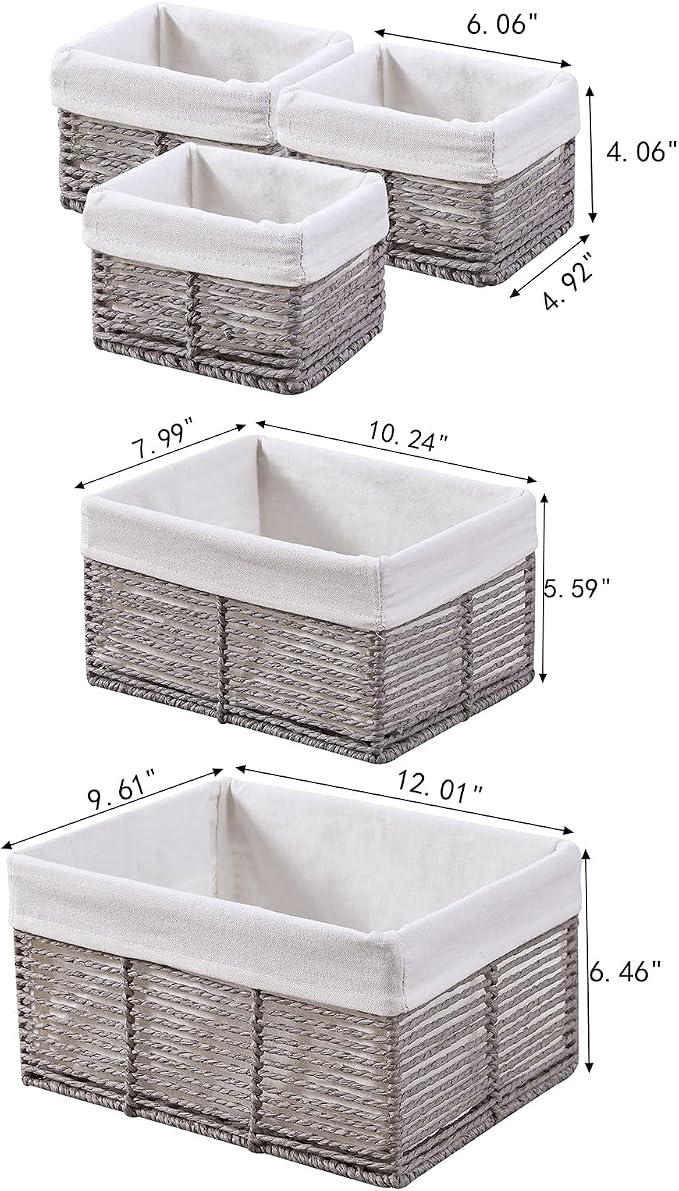 Wicker Storage Basket, Hand-Woven Paper Rope Wicker Baskets, Rectangular Small Wicke Baskets for Organizing, Cube Storage Bins for Closet/Clothes/Dresser, Grey, 5-Pack - Image 2