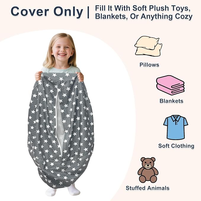 Lukeight Stuffed Animal Storage Bean Bag Chair Cover for Kids, Velvet Plush Toy Organizer Seat, Cover Only, No Filling Included, Long YKK Zipper, Side Pocket, Large 27"D x 16"H - Image 2