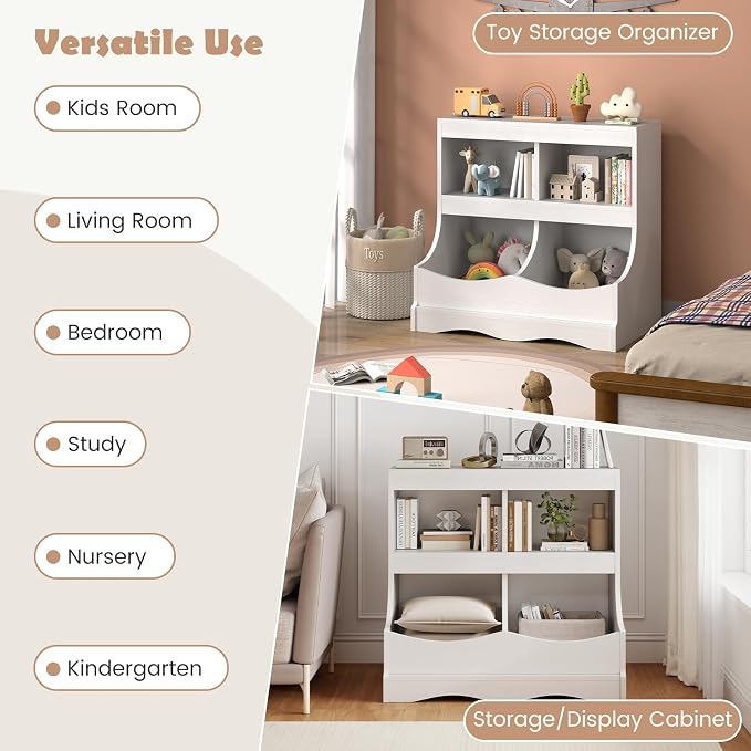 HONEY JOY Kids Toy Storage Organizer, 4-Cubby Wooden Bookcase Cabinet, 2-Tier Open Daycare Shelf for Preschool, Kids Display Bookshelf for Bedroom, Playroom, Classroom & Nursery (White) - Image 7