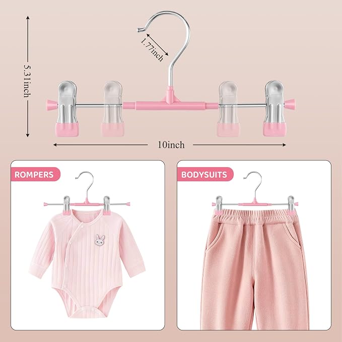 HUADYMEET 10 Inch Kids Pants Skirt Hangers with Clips,Toddlers,Pink,30 Pack | Space Saving,Adjustable,Non Slip,Metal Hanger for Closet Organization Jeans Shorts,For Baby,Toddler,Children - Image 2
