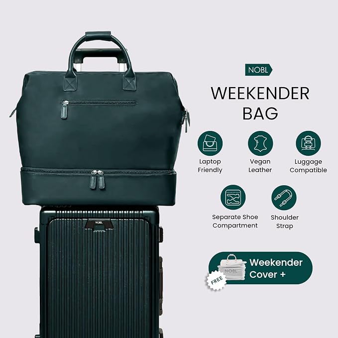 Nobl Travel Weekender Bag for Women & Men, Carry-On Duffel, Forest Green | Large Leather Overnight Tote with Trolley Sleeve, Separate Shoe Compartment & Laptop Pocket for Airplane, Gym & Road Trips - Image 5