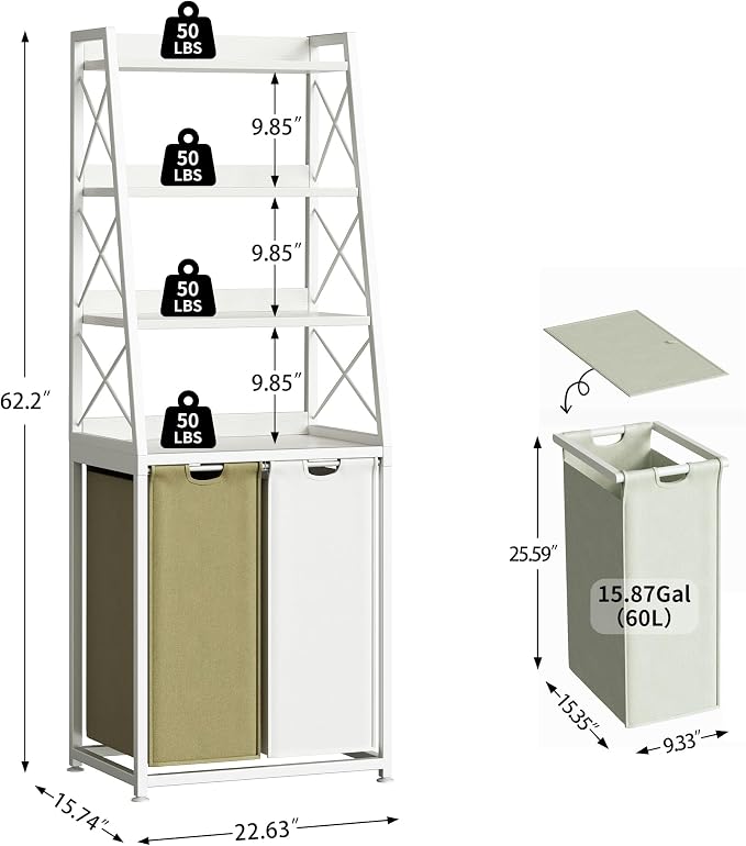Herture Laundry Basket, 2 Section Laundry Hamper with 4 Tiers Shelf, Pull-Out and Removable Laundry Bags, Large 2 x 15.87 Gallons, for Bedroom Bathroom White PF11XLE - Image 3
