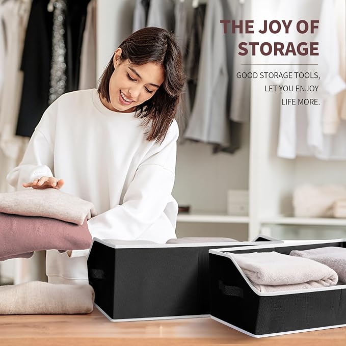 Storage Bins for Shelves - Large Trapezoid Closet Shelf Organizer, Fabric Organization Bins with Handles, Storage Baskets for Clothes, Towel, Blanket, 6 Pack, Black - Image 4