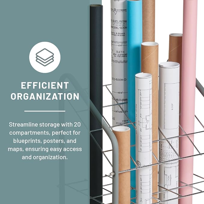 Safco Tubular Steel Wire Roll File Cart, Document and Blueprint Holder, 20 Compartment, Rolling Organizer Cart for Architectural Drawings, Construction Plans and Map Storage - Image 3