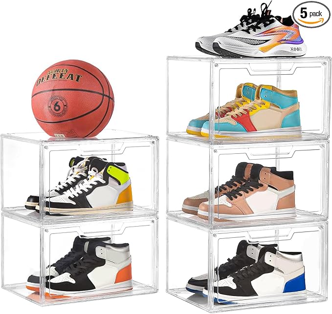 Clemate 5 Pack Clear Stackable Shoe Organizer Box with Lids, Acrylic Shoes Box with Magnetic Doors, Transparent Shoe Bins Closet Organizer, Fit up to US Size16, Containers for household or kitchen use by Clemate