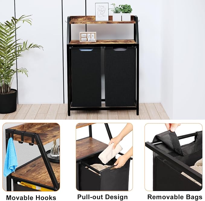 Laundry Hamper, Laundry Sorter 2 Section, Rolling Laundry Basket with Wheels, 2 Shelves, 2 × 14.5 Gal, Pull-Out and Removable Oxford Fabric Bags, for Laundry Room, Black and Rustic Brown - Image 4