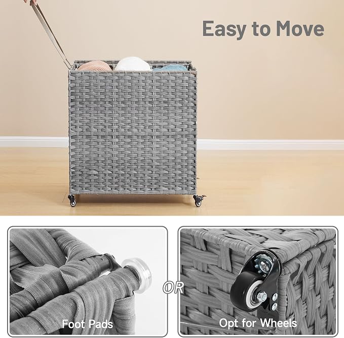 Laundry Hamper with Wheels, 39.6 Gallon(150L) Rolling Laundry Basket with Lid, 3-Section Rattan Clothes Hamper with 3 Removable Liner & 3 Mesh Bags, Laundry Sorter with Side Pocket, Grey - Image 6