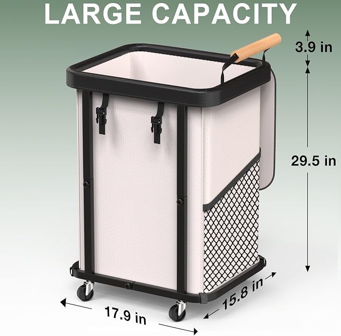 150L Laundry Basket with Wheels,Rolling Basket Hamper with Lid&Handle White | Laundry Organizer Storage Cart with Heavy Duty Sturdy Metal Frame for Home, Hotel, Laundry Room - Image 6