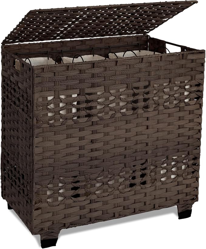 OIAHOMY Laundry Hamper with Lid, 140L Clothes Hamper with 3 Removable Liner Bags, Foldable Basket with Lid, Synthetic Wicker Laundry Basket for Bedroom, 27x 13 x 26 Inches, Brown by MasterofSpaceOptimization
