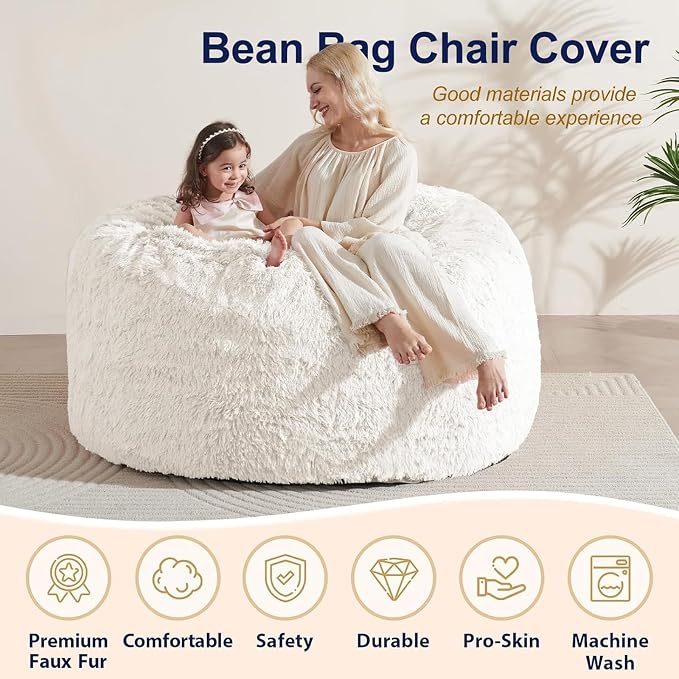 Bean Bag Cover (No Filler), Faux Fur Beanbag Chairs Covers Only, Stuffed Animal Storage Bean Bag, Giant Washable Beanbag Cover Without Filling, 5FT, White - Image 4