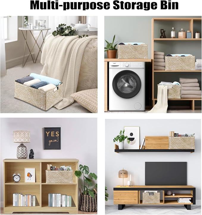 Hipiwe Wicker Storage Basket Bin X-Large Rectangular Opened Baskets Box | Handwoven Seagrass Basket Box with Handle for Shelf Organizing Closet Bathroom, 15.7" L x 11.8" W x 7.5" H - Image 5